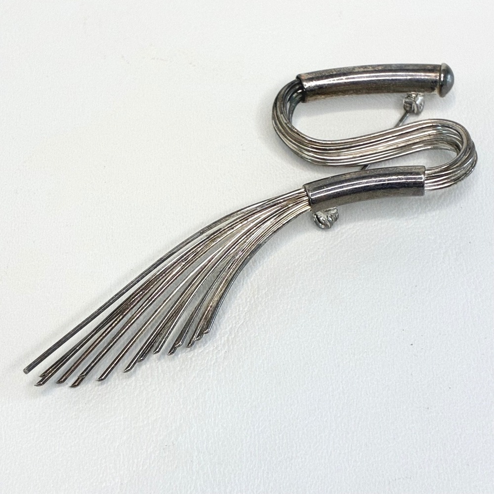 Vintage Modernist Brooch Silver Tone Sculptural Tassel Fringe Statement Pin